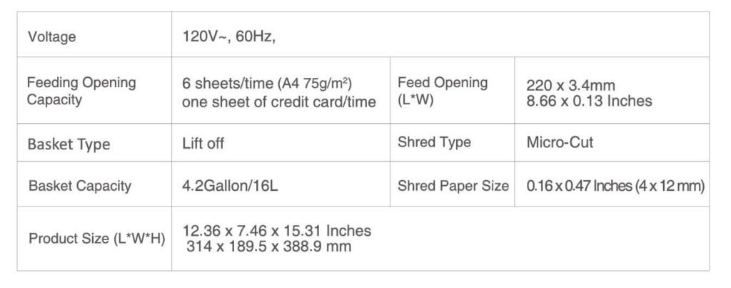 Bonsaii 6-Sheet Micro-Cut Shredder (C261-D) Technical Specs