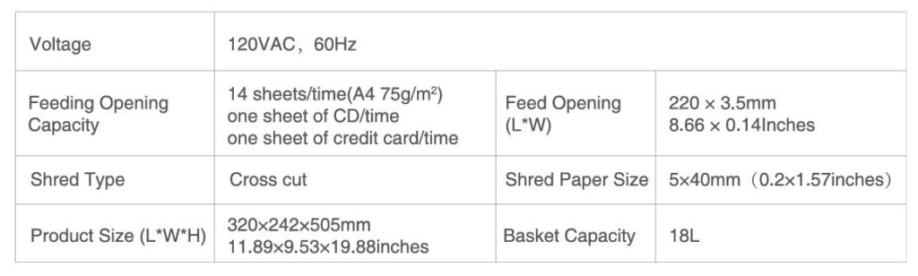Bonsaii C169-B 15-Sheet Office Paper Shredder Technical Specifications