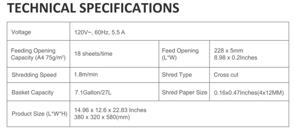 Bonsaii-C144-E-18-sheet-cross-cut-paper-shredder-technical-specifications