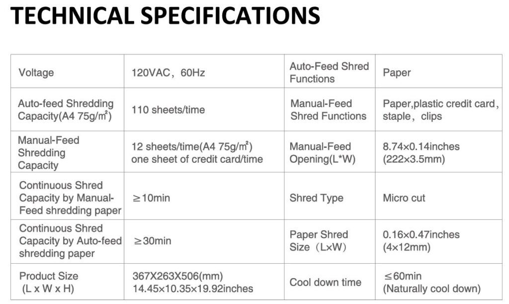 Bonsaii C233-B shredder technical specifications