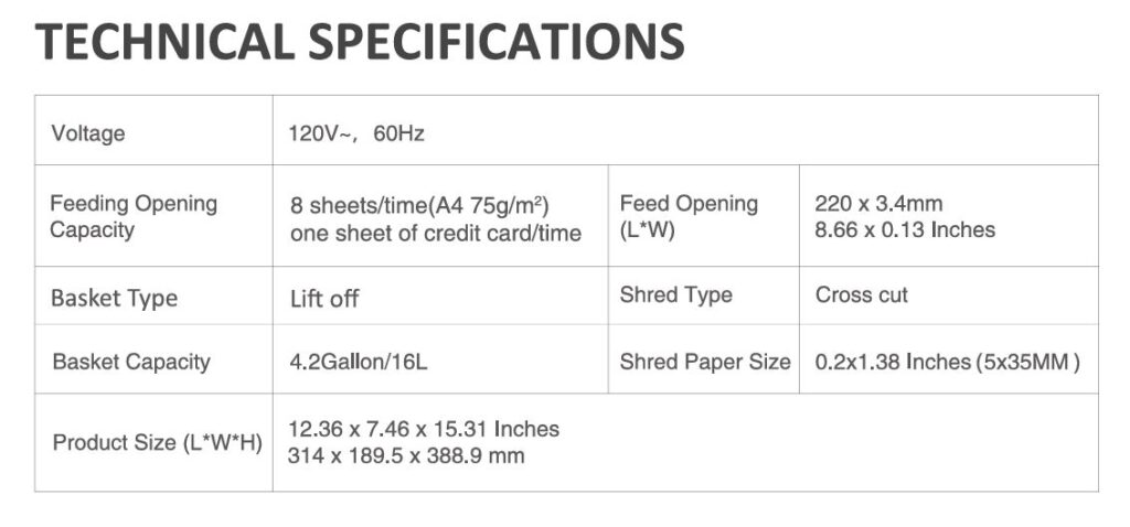 Bonsaii C261-C cross-cut paper shredder technical specifications