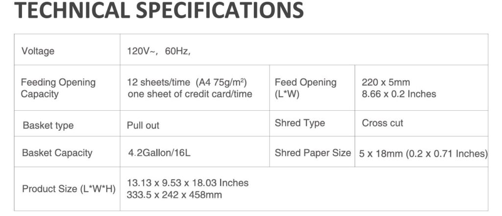 Bonsaii C266-A cross cut paper shredder technical specifications