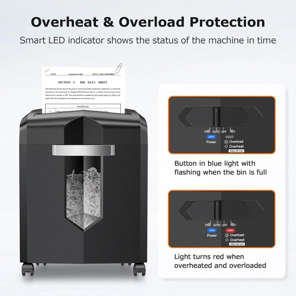 Bonsaii C266-A cross cut shredder overheat and overload protection system
