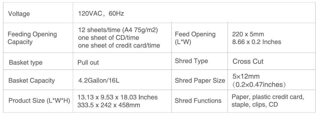 Bonsaii C266-B 12-Sheet Micro-Cut Paper Shredder Technical Specifications