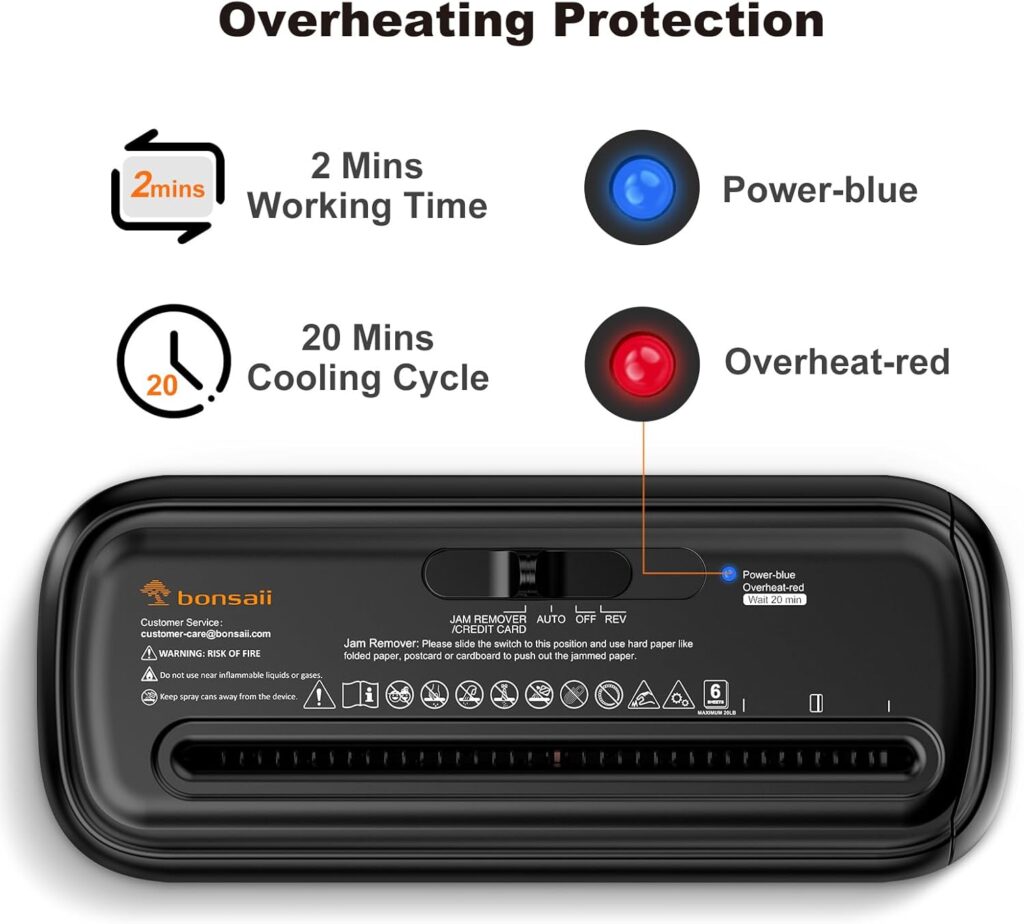 Bonsaii S123-B portable strip-cut paper shredder overheating protection